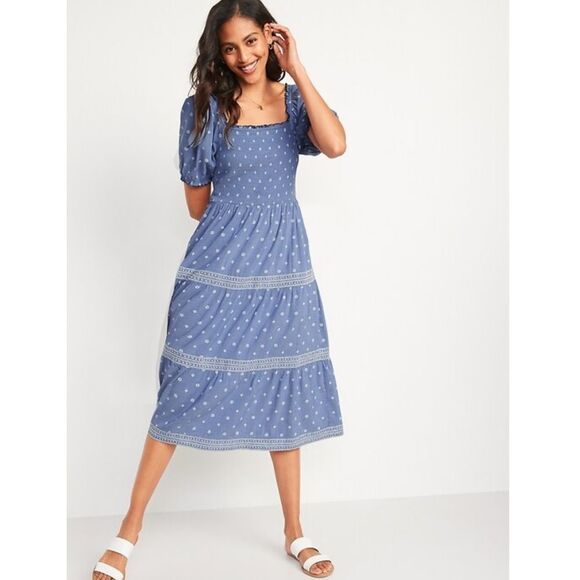 Old Navy Dresses & Skirts - Old Navy Puff Sleeve Smocked Printed Embroidered Fit & Flare Chambray Midi Dress